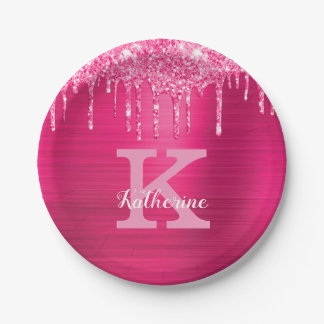 Girl-Hot-Pink-Glitzer-Tropfen Glam Monogramm-Name Pappteller
