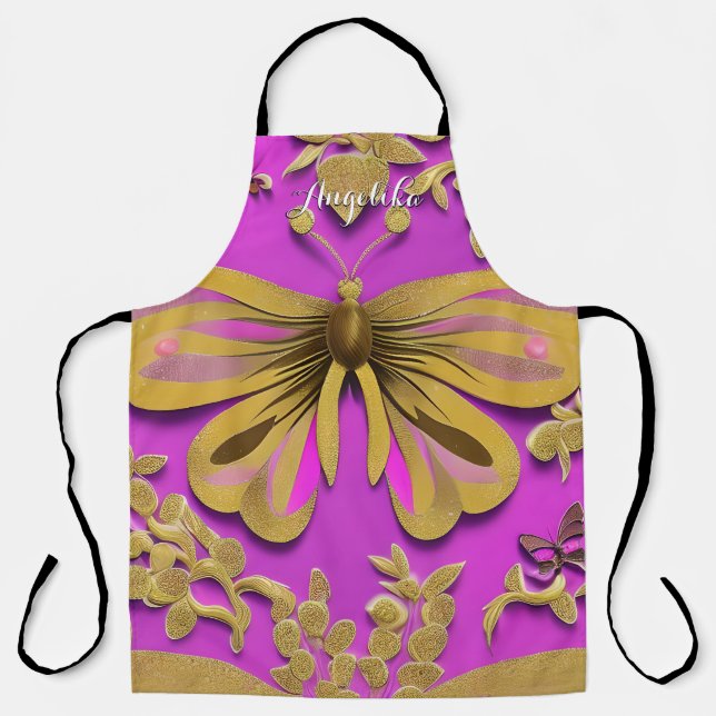 Girl Hot Pink Gold Butterfly Personalisierter Name Schürze (Vorderseite)