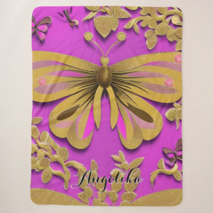 Girl Hot Pink Gold Butterfly Personalisierter Name Sherpadecke