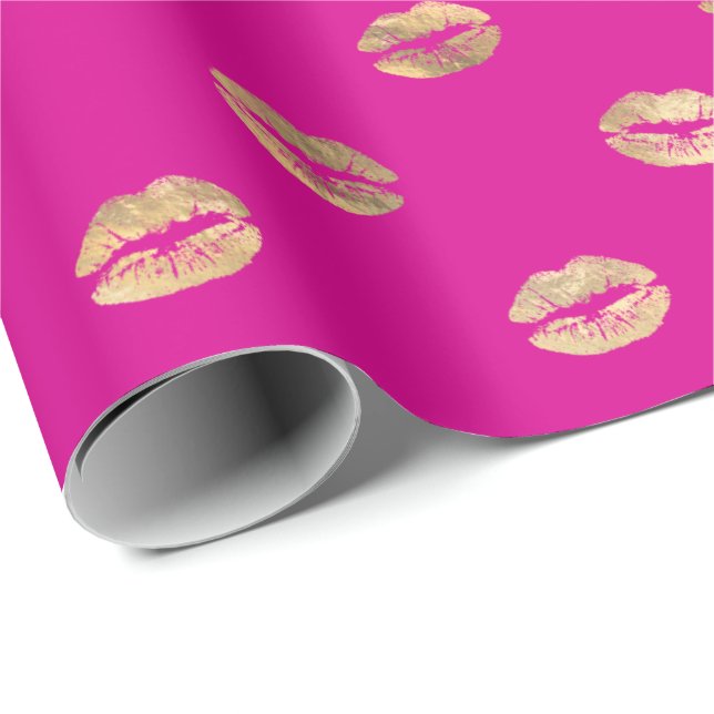Girl Hot Pink Gold Kiss Lips Muster  Geschenkpapier (Rolleneckpunkt)
