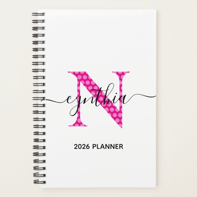 Girl Hot Pink Polka Dot Monogramm Planer (Vorderseite)