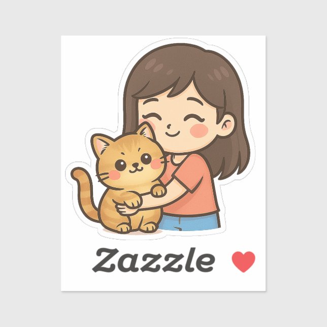 Girl Hugging Her Cat Aufkleber (Blatt)
