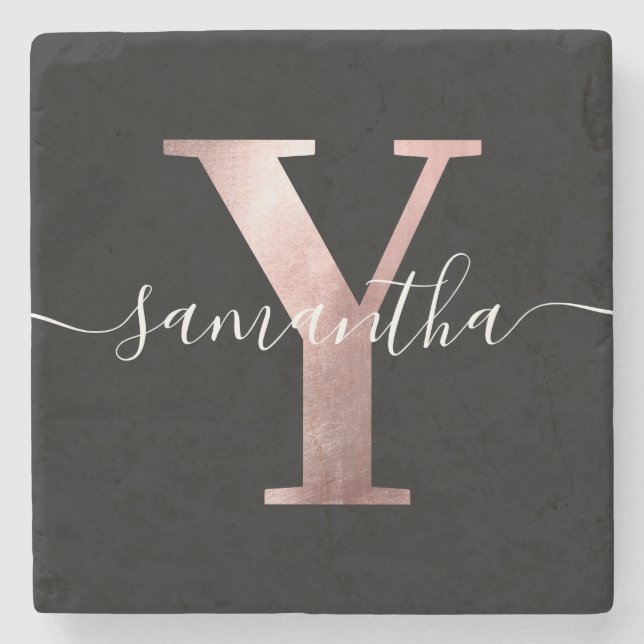 Girl-Imitate Rose Gold Foil Monogramm weiß und sch Steinuntersetzer (Vorderseite)