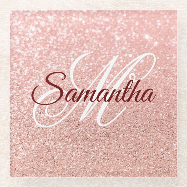 Girl Imitate Rose Gold Glitzer Mit Monogramm Glasuntersetzer (Vorderseite)