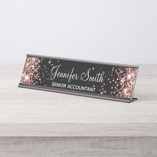 Girl Imitats Rose Gold Glitzer Black Schreibtischnamensplakette (Vorderseite )