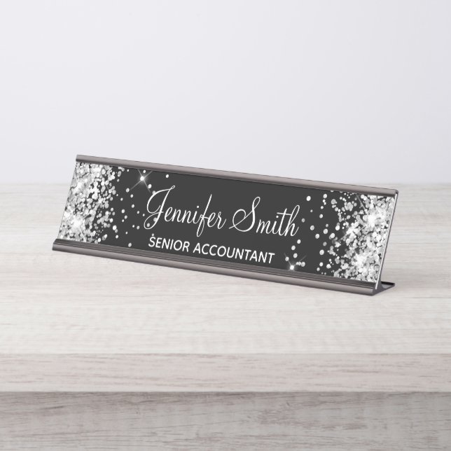 Girl Imitats Silver Glitzer Black Schreibtischnamensplakette (Vorderseite )
