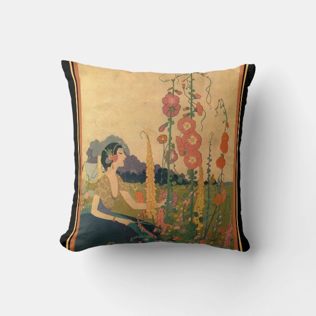 "Girl in a Flower Garden" Oreiller Art déco (Recto)