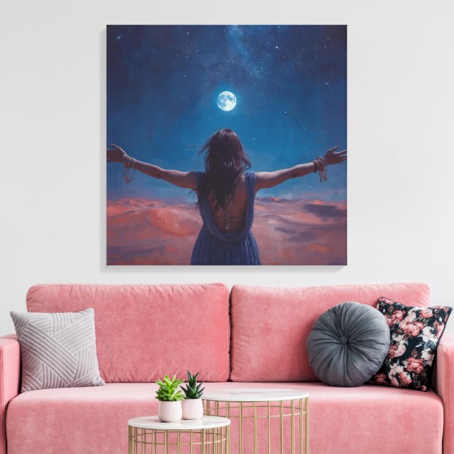 "Girl in Moonlight | Aesthetic Night Sky Wall Art Leinwanddruck (Insitu (Wohnzimmer))