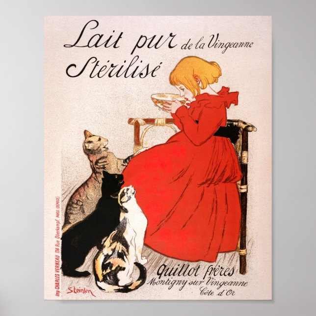Girl in Red Dress Drinking Milk Steinlen Poster (Devant)