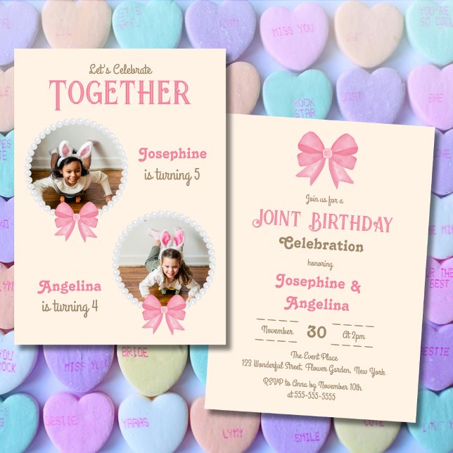 Girl Joint Birthday Niedlich Pink Bow Pearl Foto Einladung (Von Creator hochgeladen)