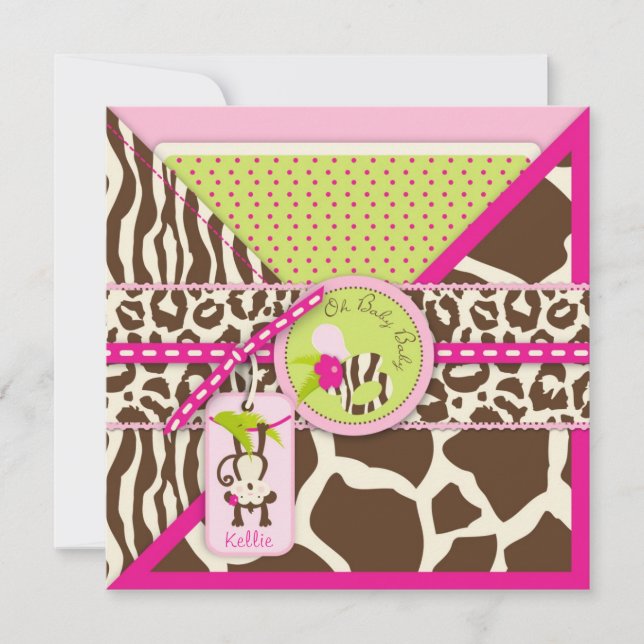 Girl-Jungle-Affe-Safari-Babydusche Einladung (Vorderseite)