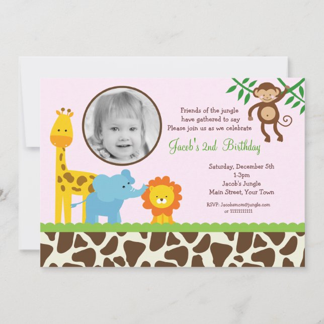Girl Jungle Safari Photo Birthday Invitations Einladung (Vorderseite)
