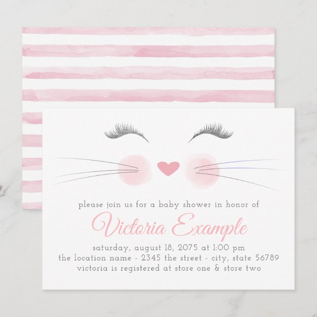 Girl Kitten Face Watercolor Babydusche Einladung (Vorne/Hinten)