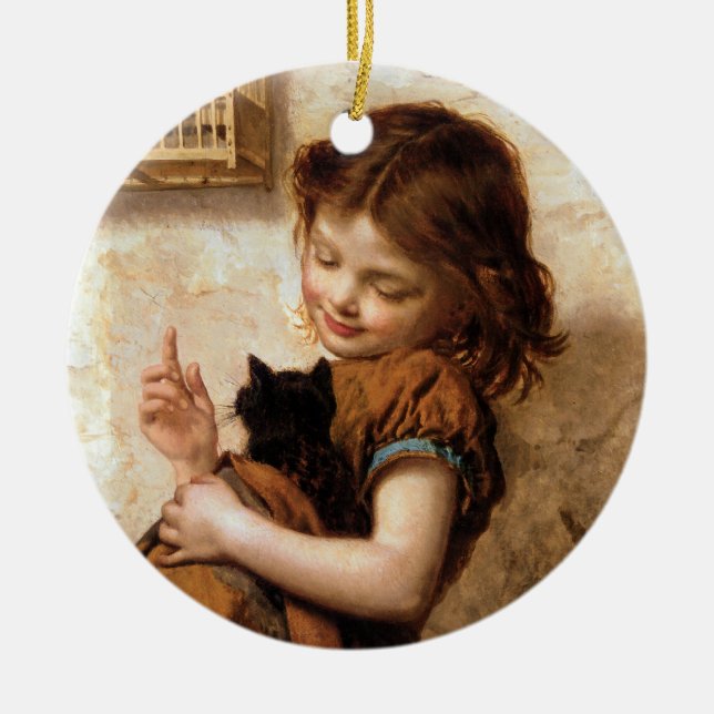 Girl, Kitty Cat & Bird - Vintage Malerei Keramikornament (Vorne)