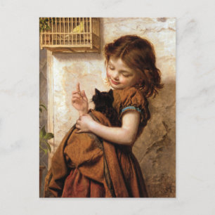 Girl, Kitty Cat & Bird - Vintage Malerei Postkarte