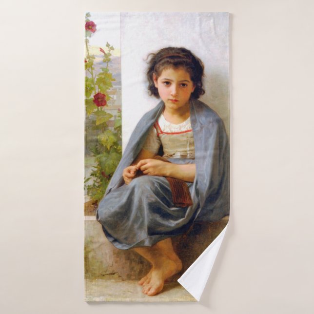 Girl Knitting, Bouguereau Badehandtuch (Badehandtuch)