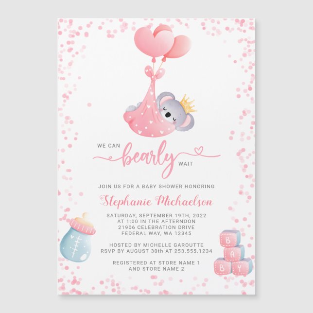 Girl Koala Bear Baby Shower Einladung Magnet (Vorderseite)