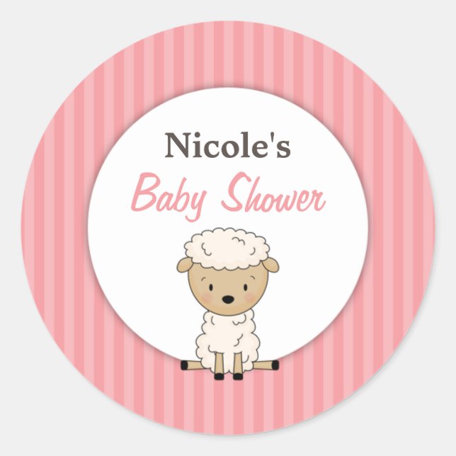 Girl Lamb Babydusche Rosa Streifen Runder Aufkleber (Vorderseite)