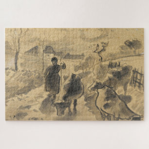 Girl Leading a Herd of Cows On a Road - Pissarro