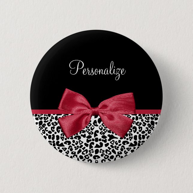 Girl Leopard Print Bright Red Ribbon mit Namen Button (Vorderseite)