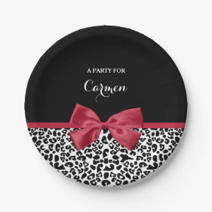 Girl Leopard Print Bright Red Ribbon mit Namen Pappteller