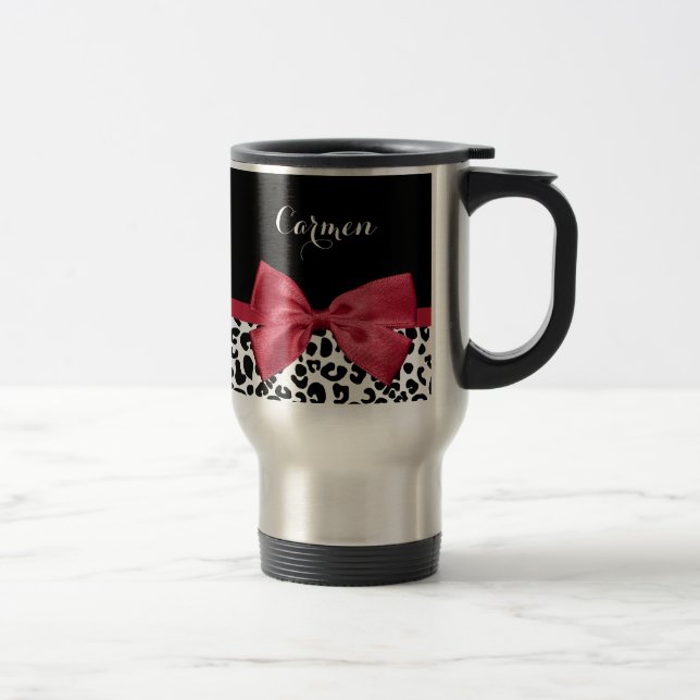 Girl Leopard Print Bright Red Ribbon mit Namen Reisebecher (Rechts)