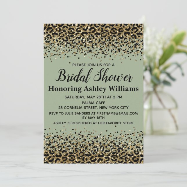 Girl Leopard Sage Green Black Gold Brautparty Einladung (Stehend Vorderseite)