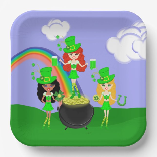 Girl Leprechauns Regenbogen und Gold Pappteller (Vorderseite)