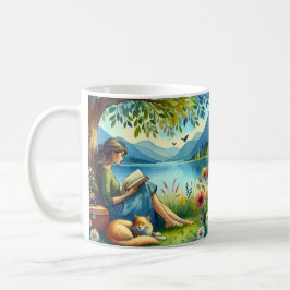 Girl Lesend a Book under a Tree with a Sleepy Cat Kaffeetasse