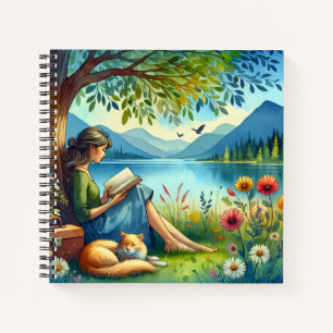 Girl Lesend a Book under a Tree with a Sleepy Cat Notizbuch
