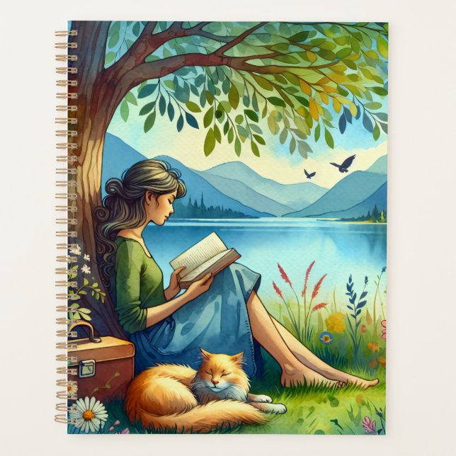 Girl Lesend a Book under a Tree with a Sleepy Cat Planer (Vorderseite)