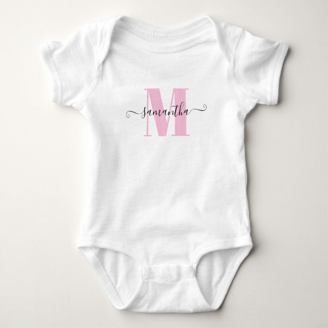 Girl Light Pink und Polka Dot Monogram Baby Strampler (Vorderseite)