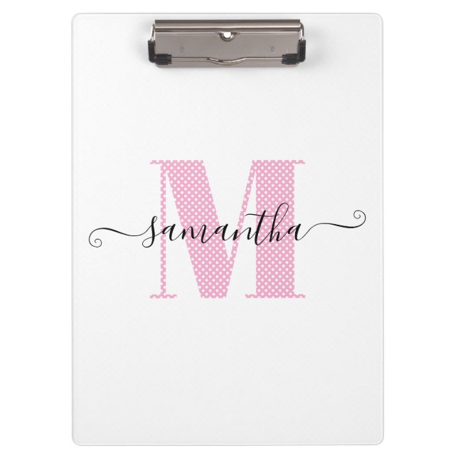 Girl Light Pink und White Polka Dot Monogramm Klemmbrett (Vorderseite)