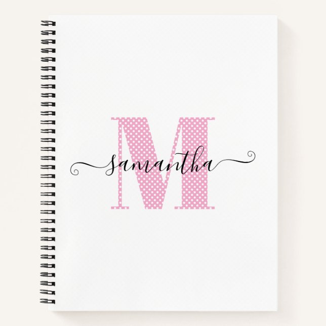 Girl Light Pink und White Polka Dot Monogramm Notizbuch (Vorderseite)