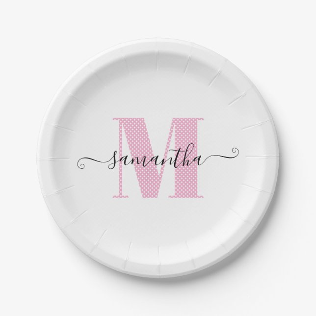 Girl Light Pink und White Polka Dot Monogramm Pappteller (Vorderseite)