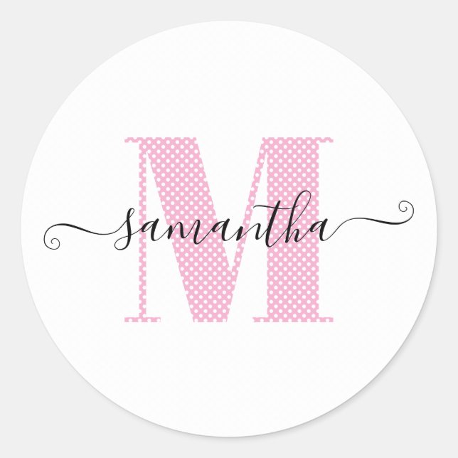 Girl Light Pink und White Polka Dot Monogramm Runder Aufkleber (Vorderseite)