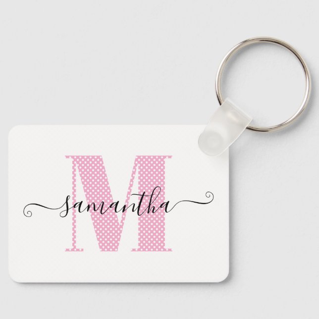 Girl Light Pink und White Polka Dot Monogramm Schlüsselanhänger (Vorderseite)