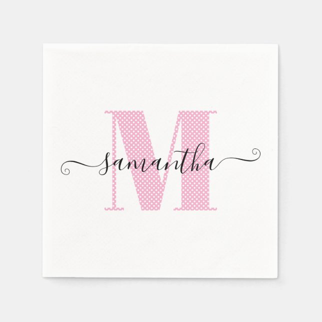 Girl Light Pink und White Polka Dot Monogramm Serviette (Vorderseite)
