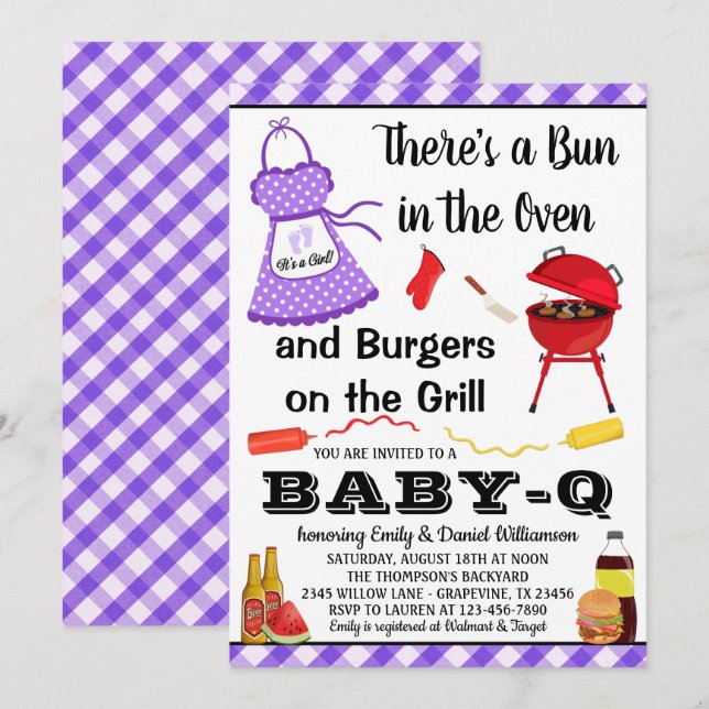 Girl Lila Barbecue Babydusche Einladung (Vorne/Hinten)