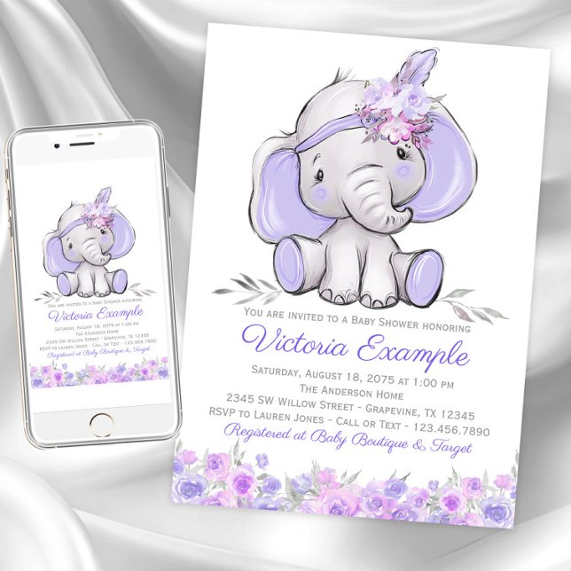 Girl Lila Boho Elephant Baby Shower Einladung (Girl purple elephant baby shower invitations. Instant download and printed invitations available.)