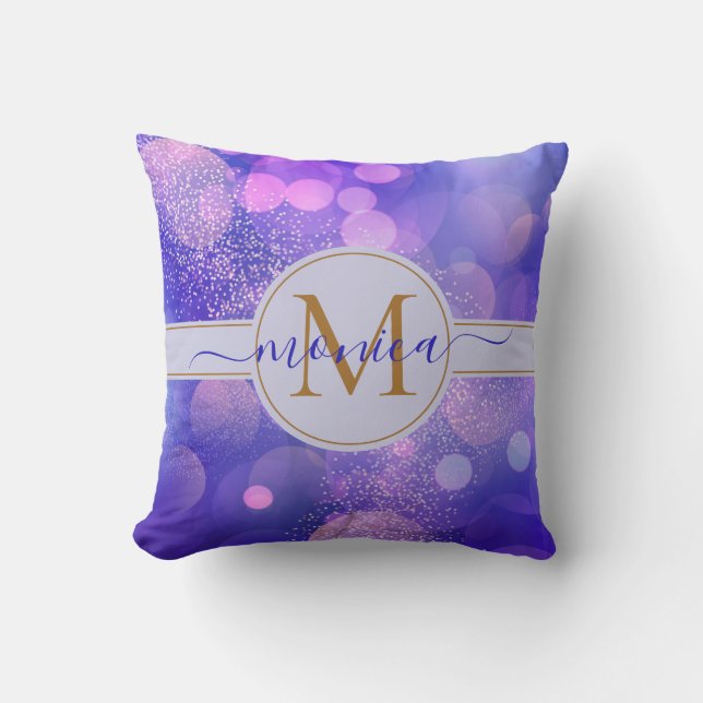 Girl Lila Bokeh Gold Glitzer Monogram Name Kissen (Vorderseite)