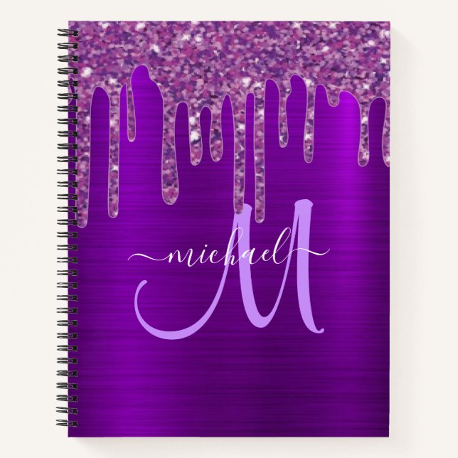 Girl Lila Dripping Glitzer Monogram Sketchbook Notizbuch (Vorderseite)
