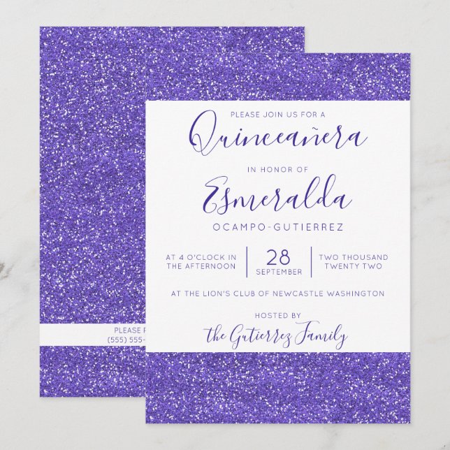 Girl Lila Glitzer Sparkle Quinceanera Einladung (Vorne/Hinten)