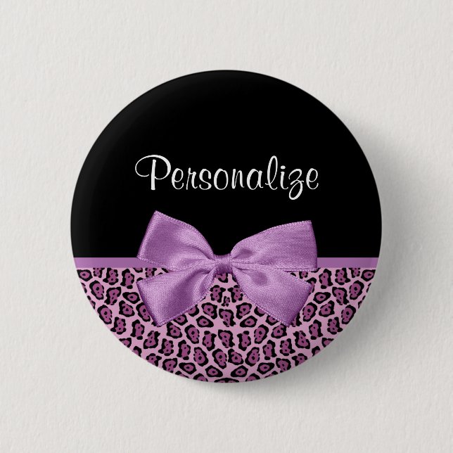 Girl Lila Jaguar Print Niedlich Bow mit Namen Button (Vorderseite)