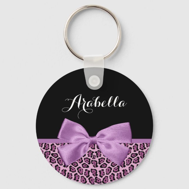 Girl Lila Jaguar Print Niedlich Bow mit Namen Schlüsselanhänger (Vorderseite)