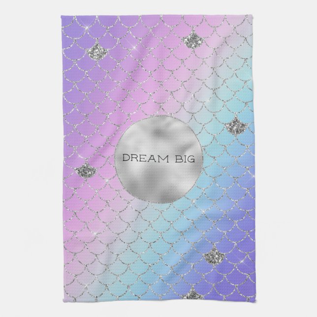 Girl Lila Pink Aqua Silver Mermaid Glitzer Geschirrtuch (Vertikal)