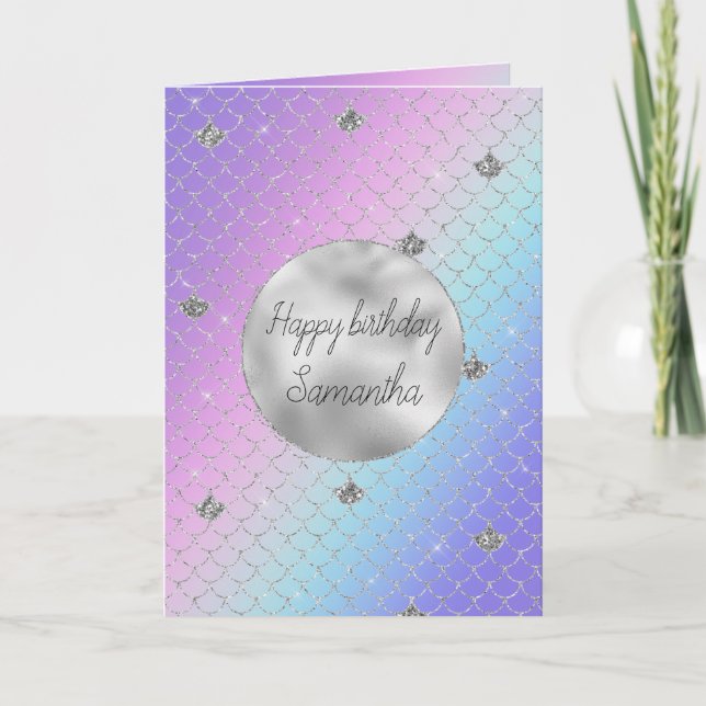 Girl Lila Pink Aqua Silver Mermaid Glitzer Karte (Vorderseite)