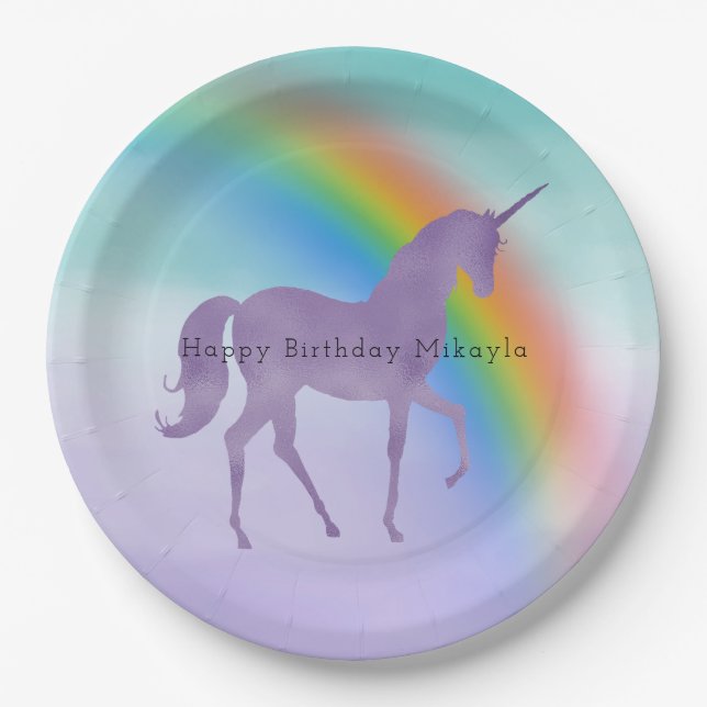 Girl Lila Unicorn Rainbow Personalisiert Pappteller (Vorderseite)