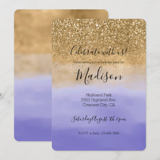 Girl Lila Watercolor Gold Glitzer Einladung