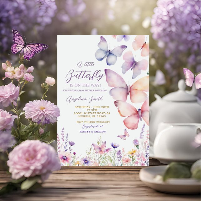 Girl Lila Wildblume Butterfly Babydusche Einladung (Von Creator hochgeladen)